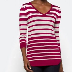 Lety & Me - Womens Dallin Striped 3Q sleeve sweater. V-neck Size XXL. Burgundy